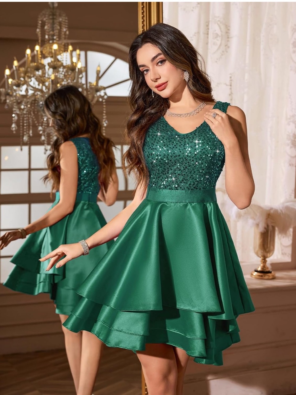 Green Sequin A-Line Party Dress with Layered Satin Skirt